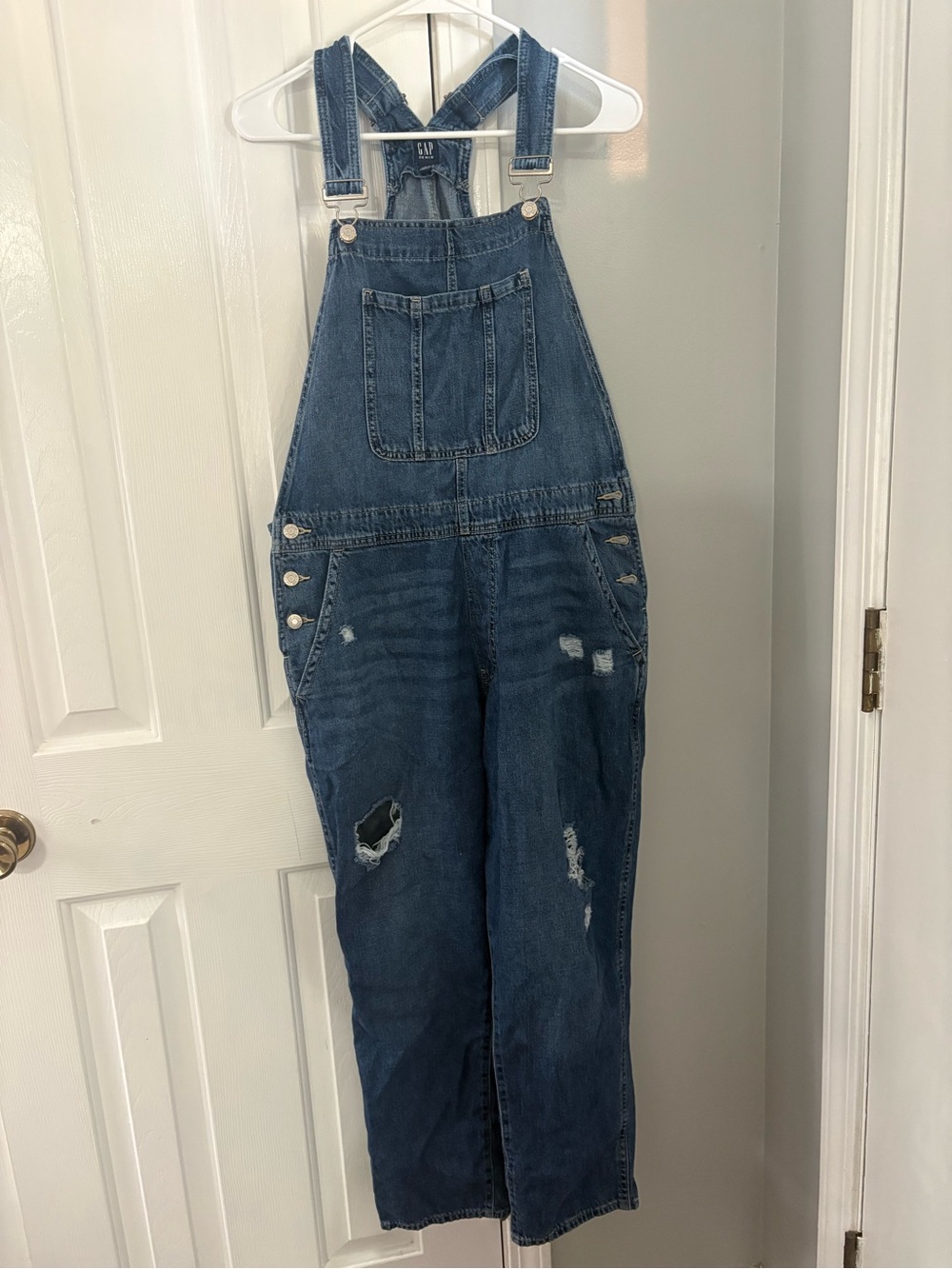 GAP Women’s Denim Overalls Size Large Classic Blue Distressed Relaxed Fit